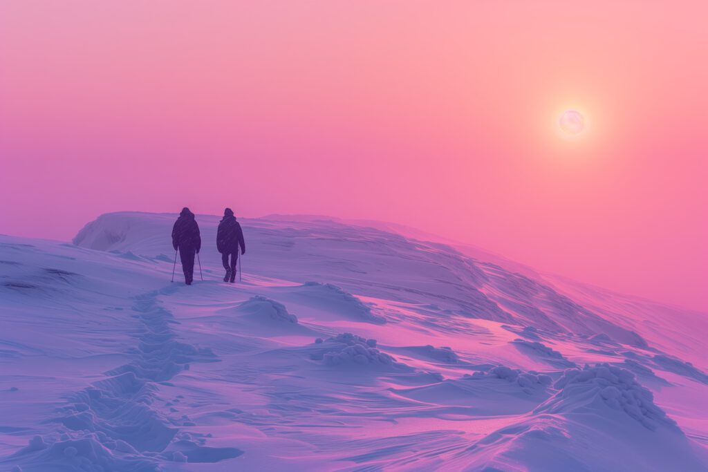 Two adventurers trekking through a snowy landscape under a vibrant, multicoloured sky.