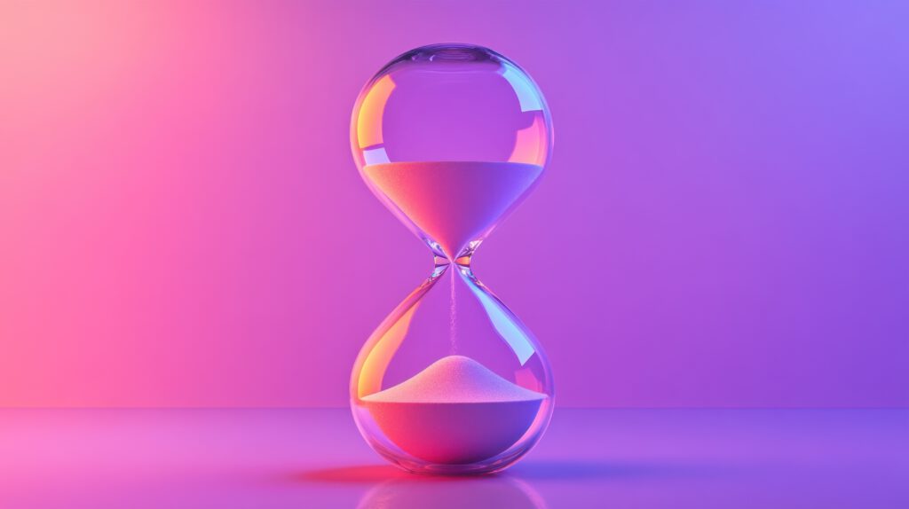 Transparent hourglass with pink and purple lighting